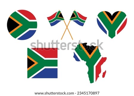 South Africa flag signs set, crossed flags, heart shape decorative element. Independence Day of South Africa. National symbols of Heritage Day in South Africa. African map.