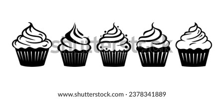 Pastry shop logo. Set of black cupcakes, muffin logo. Vector illustrations isolated on white background. Can be used as icon, sign or symbol - cupcake silhouette, cake, sweet pastries, muffin.