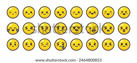 Emoji set. Cute yellow emotional faces. Set of colorful flat icons with different emotions and character. Sad and happy, funny and angry, laughing and crying. Round mood faces. Yellow emoticons. 