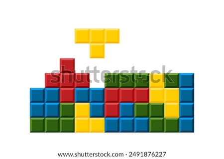 Tetris Game Blocks. Colorful and geometric shapes reminiscent of classic video game. Ideal for gaming-related designs, retro themes or creative projects aiming for nostalgic touch. Tetris Game process