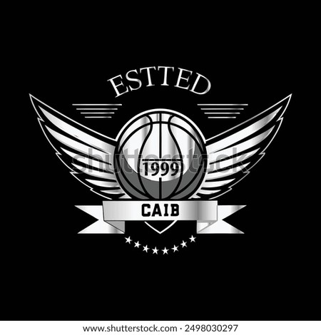 Basketball logo design. Basketball ball with wings and shield on black background