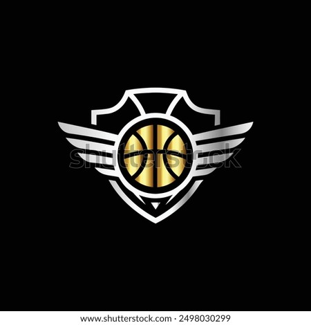 Basketball logo design. Basketball ball with wings and shield on black background