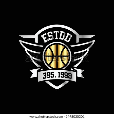 Basketball logo design. Basketball ball with wings and shield on black background