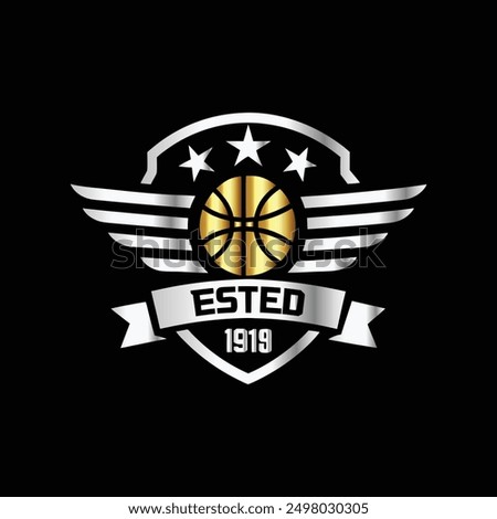 Basketball logo design. Basketball ball with wings and shield on black background