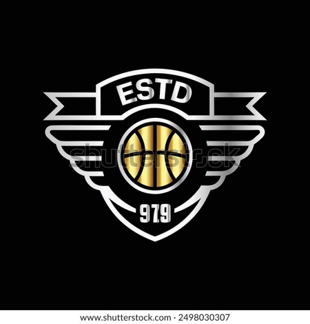 Basketball logo design. Basketball ball with wings and shield on black background