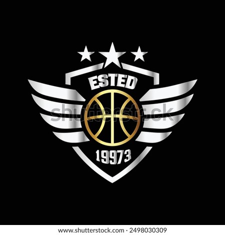 Basketball logo design. Basketball ball with wings and shield on black background