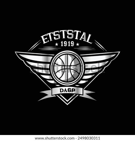 Basketball logo design. Basketball ball with wings and shield on black background