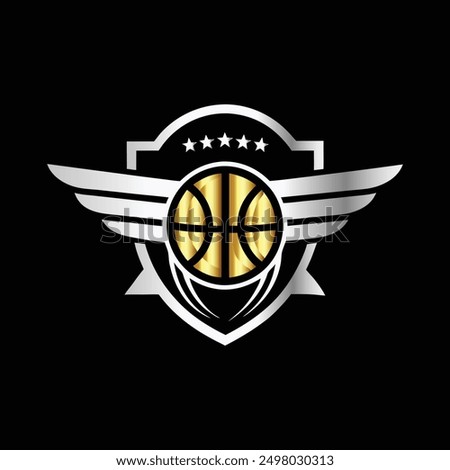 Basketball logo design. Basketball ball with wings and shield on black background