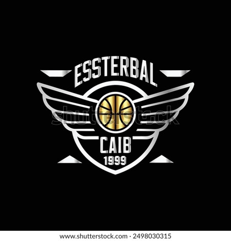 Basketball logo design. Basketball ball with wings and shield on black background