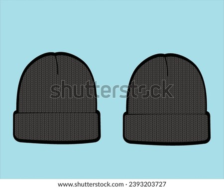 Fold Up Beanie. Beanie Hat Knit Stocking Cap Flat Illustration Cad Accessory Winter Streetwear Mockup Blank Vector