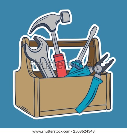 Wooden toolbox full of repair or construction instrument vector cartoon illustration