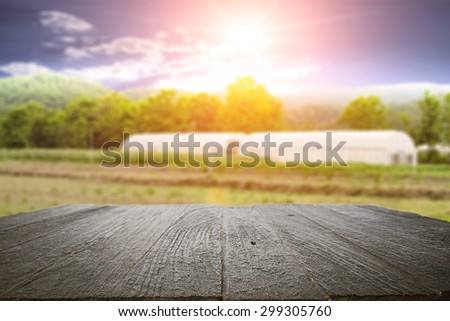 wood desk platform and farm field background for presentation product