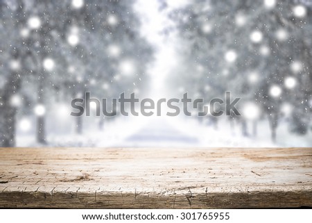 desk space and winter background of landscape white xmas snow for presentation product
