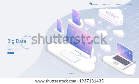 Cloud services isometric composition. Big data analysis storage business intelligence systems modern high tech isometric background connected with dashed lines