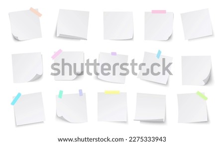 Paper notes. white stickers or notepad pages with curled corners. Empty blanks for messages. Realistic  mock up.