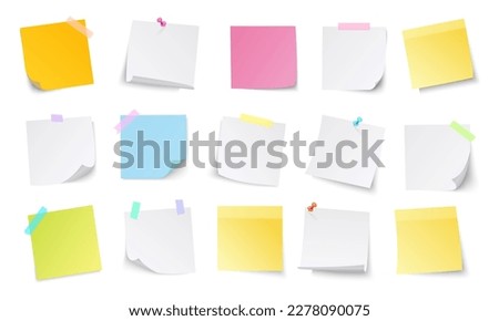 Paper notes. white stickers or notepad pages with curled corners. Empty blanks for messages. Realistic  mock up.