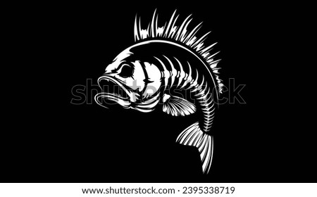 Bass fish skeleton. Bass fish emblem. Fishing theme illustration. Fish skeleton Isolated on white.