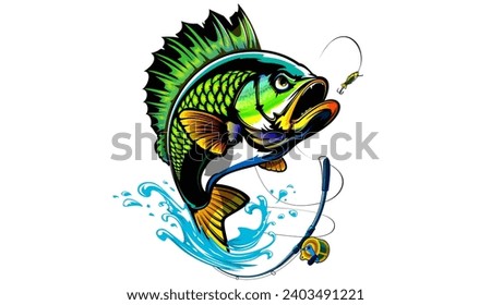 Bass fish skeleton. Bass fish emblem. Fishing theme illustration. Fish skeleton Isolated on white.