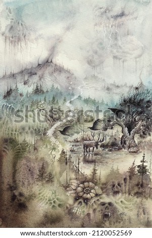 Dark fantasy creepy nature scenery. Enchanted magical forest watercolor art. High quality illustration