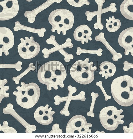 Halloween seamless pattern with spooky skulls and bones on a dark blue background. Desaturated muted colors (dark blue, off-white) with a grunge texture. Comic skeletons for childish design
