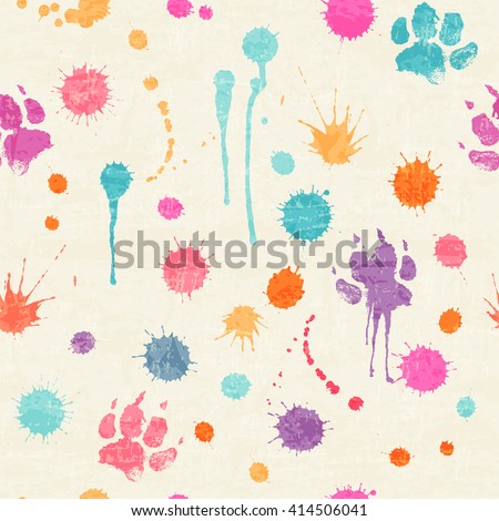 Abstract seamless pattern with colorful ink splashes, blots and dog paw prints on a off-white background. Happy childish backdrop for wrapping, packaging, textile and interior decoration