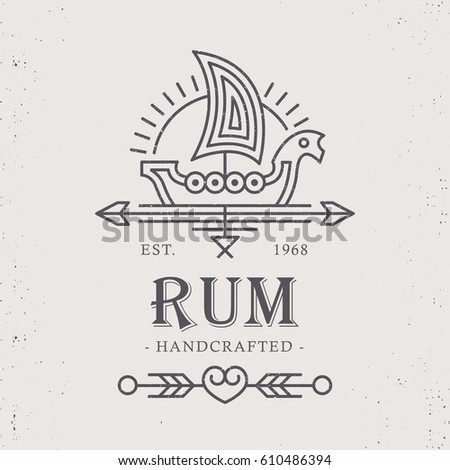 Vintage rum label design with ethnic elements in thin line style. Alcohol industry emblem, distilling business. Monochrome, black on white.