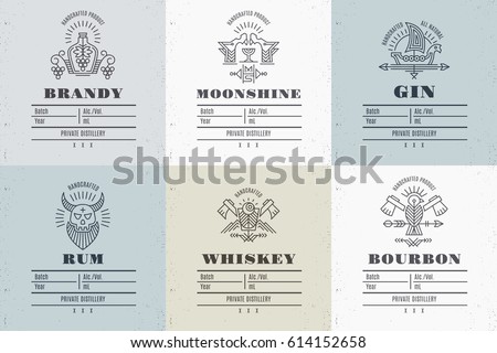 Set of vintage alcohol label design with ethnic elements in thin line style. Distillery industry emblem, distilling business. Monochrome, black on light color. Place for text