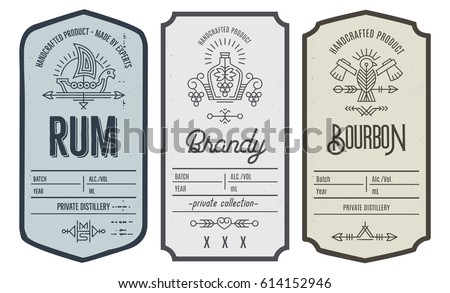 Set of vintage bottle label design with ethnic elements in thin line style. Alcohol industry emblem, distilling business. Monochrome, black on white. Place for text