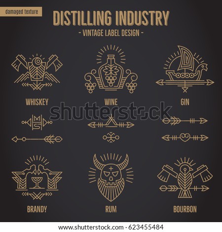 Set of vintage moonshine alcohol logo design with additional ethnic elements in thin line style. Distillery industry bottle emblems, distilling business. Monochrome, gold on black. Textured