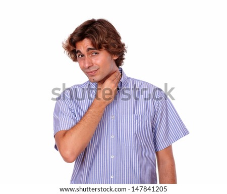 Portrait of a fatigue young man with terrible throat pain on isolated background