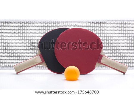 a network with two rackets and a ball to play table tennis