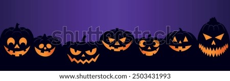 Halloween pumpkin characters banner, scary squash lanterns silhouettes. Spooky funny jack-o-lanterns halloween poster vector background illustration