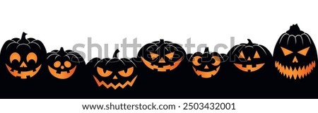 Halloween pumpkin characters banner, scary squash lanterns silhouettes. Spooky funny jack-o-lanterns halloween poster vector background illustration