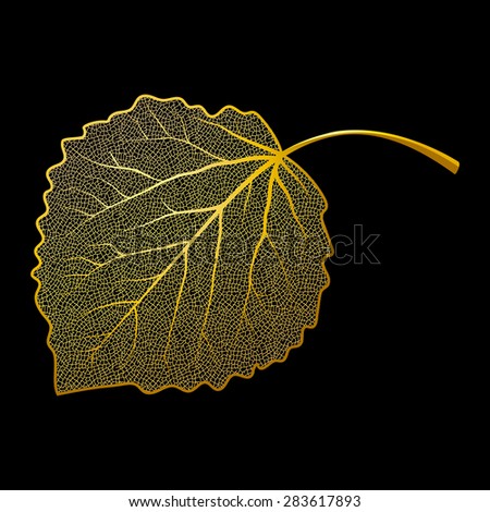 Gold aspen leaf isolated on black background. Luxury jewelry design. Raster copy of vector file.