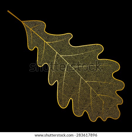 Gold oak leaf isolated on black background. Luxury jewelry design. Raster copy of vector file.