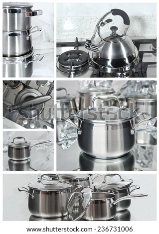 set of metal pots, teapots and kitchen equipment