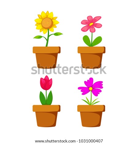 Set home flower in pot vector object element decoration illustration collection with sunflower, tulip, jasmine and violet flower
