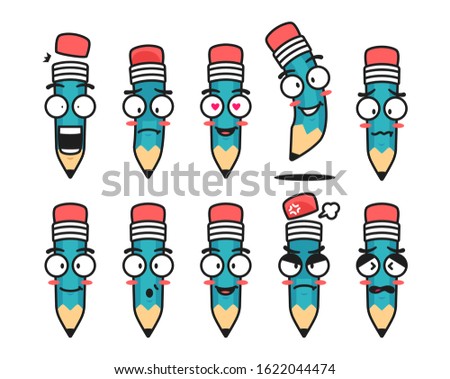 Pencil character mascot illustration with face expression emoticon emoji set cartoon outline fill style