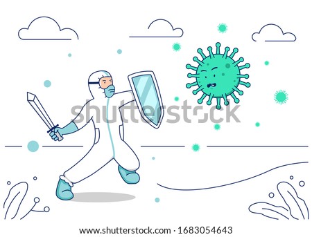 Vector illustration corona virus fight, doctor hazmat suit with warrior sword and shield fight covid coronavirus illustration