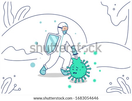 doctor fight covid coronavirus vector illustration, doctor with hazmat suit shield and sword kill virus concept
