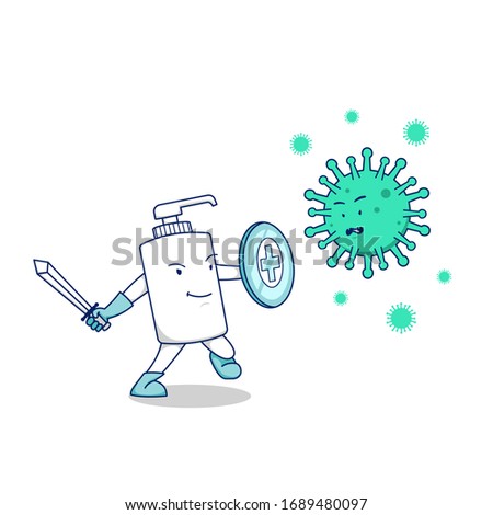 hand sanitizer soap bottle fight covid corona virus bacteria vector concept illustration with sword and shield, fight against covid-19 virus pandemic with soap