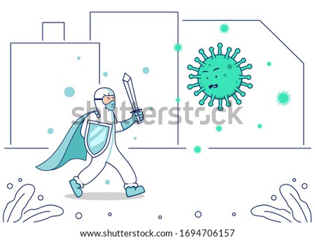 Vector illustration covid corona virus fight, doctor hazmat suit with warrior sword and shield fight coronavirus illustration concept