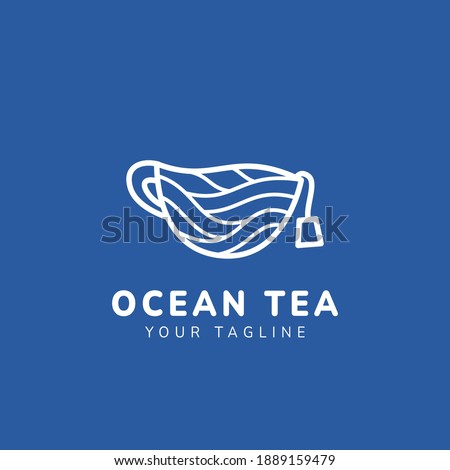 Ocean nature tea, tea cup logo icon with ocean texture in monoline style illustration