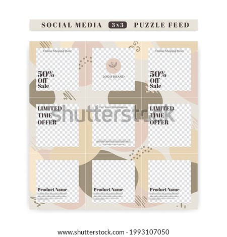 Editable abstract pastel background social media post puzzle feed vector template set for beauty spa or fashion with soft earth color palette