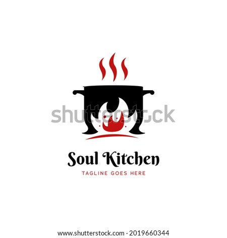 Soul Kitchen hot pot restaurant logo icon with big red fire flame