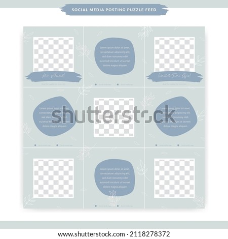 pastel blue instagram social media background posting puzzle feed template in 3x3 size aesthetic with rustic flower floral leaf decoration