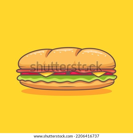 short submarine sandwich with tomato, cheddar cheese, and cow beef ham croque vector illustration