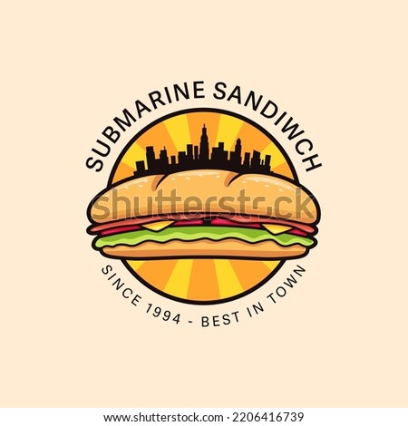 urban submarine sandwich logo badge vector illustration with metropolis city silhouette, downtown submarine sandwich logo