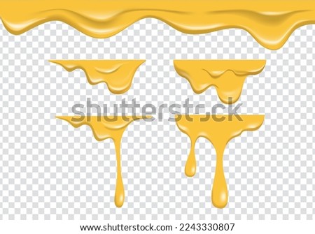 realistic yellow melting cheese liquid flowing on transparent background. spreading liquid cheese cream collection set vector decoration