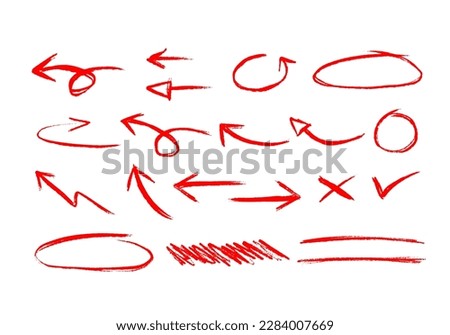 design element collection of red ink brush stroke arrow pointer, circle marker, check, x mark and underline mark. Set of grunger stroke mark
